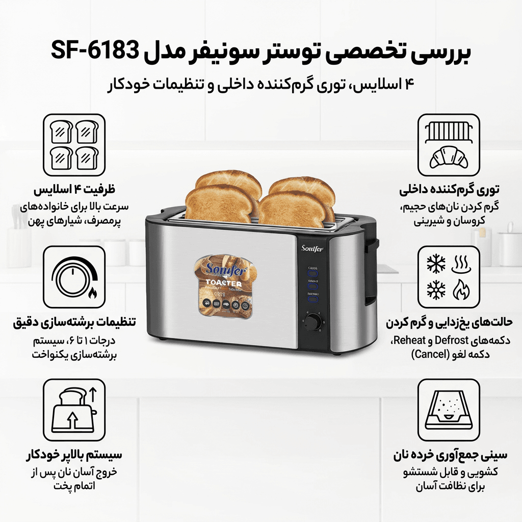 تصویر توستر سونیفر SF-6183 با ۴ شیار نان.