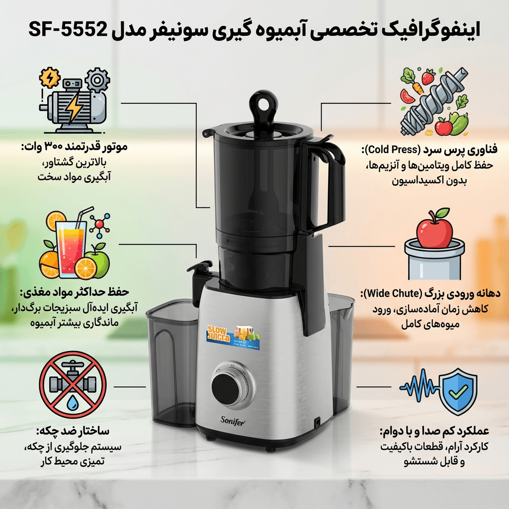 تصویر اینفوگرافی عصاره گیر سونیفر SF-5552 با موتور ۳۰۰ وات.