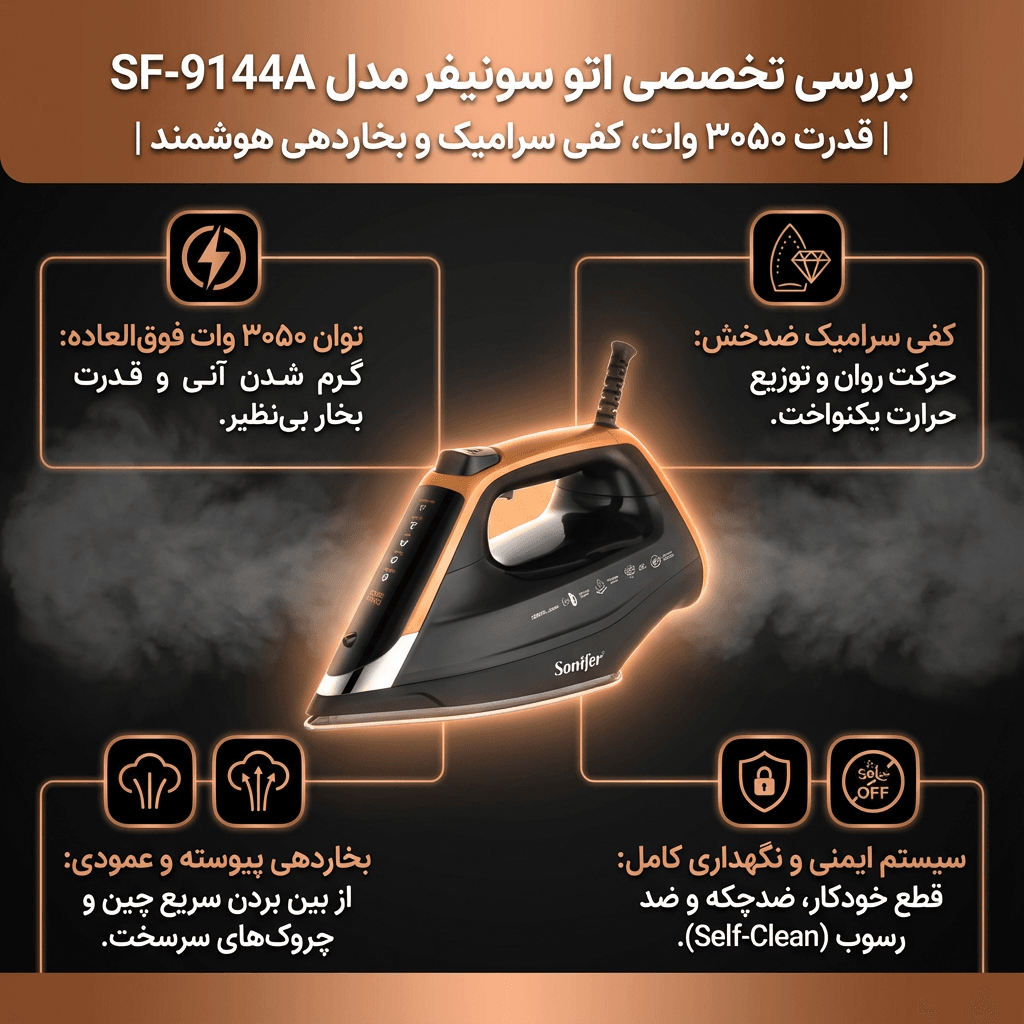 نمایی نزدیک از کفی سرامیک اتو بخار سونیفر SF-9144A.