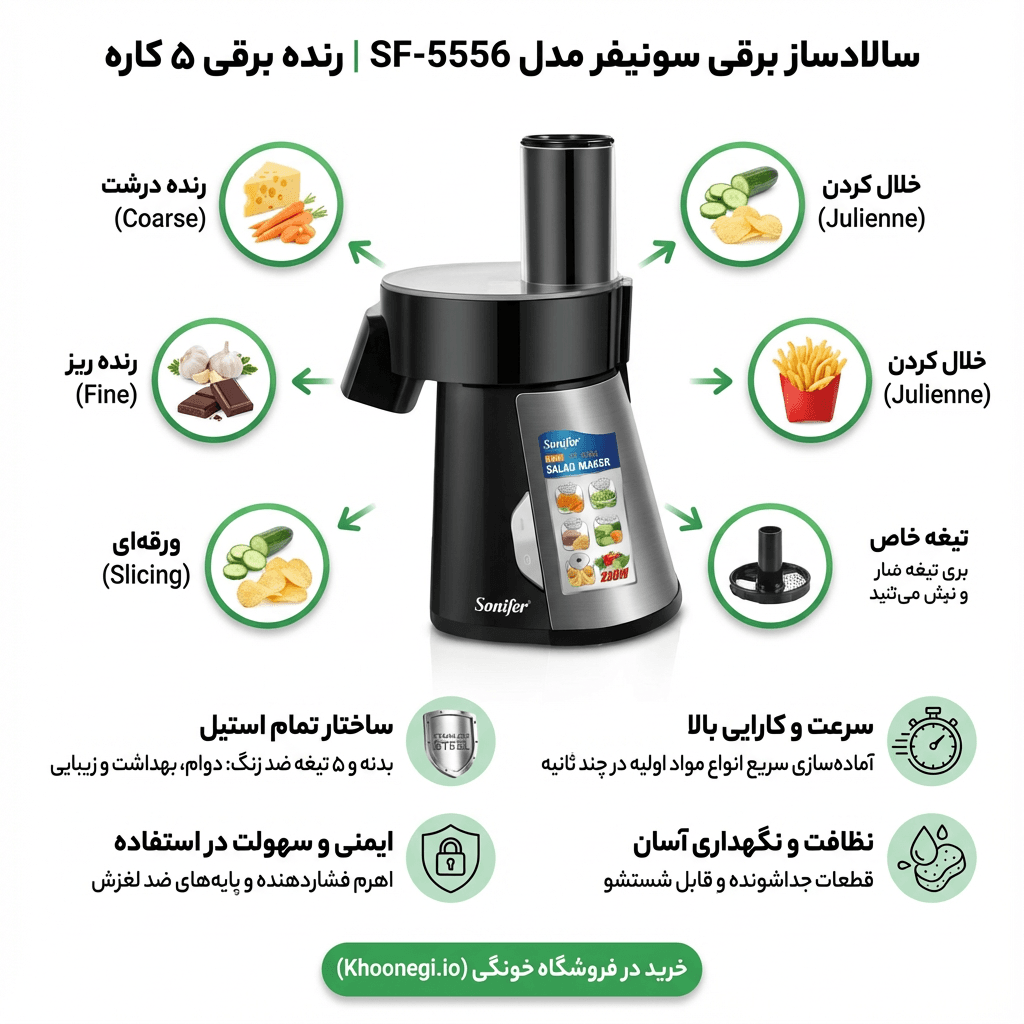 تصویر سالاد ساز سونیفر SF-5556 و ۵ تیغه استیل آن.