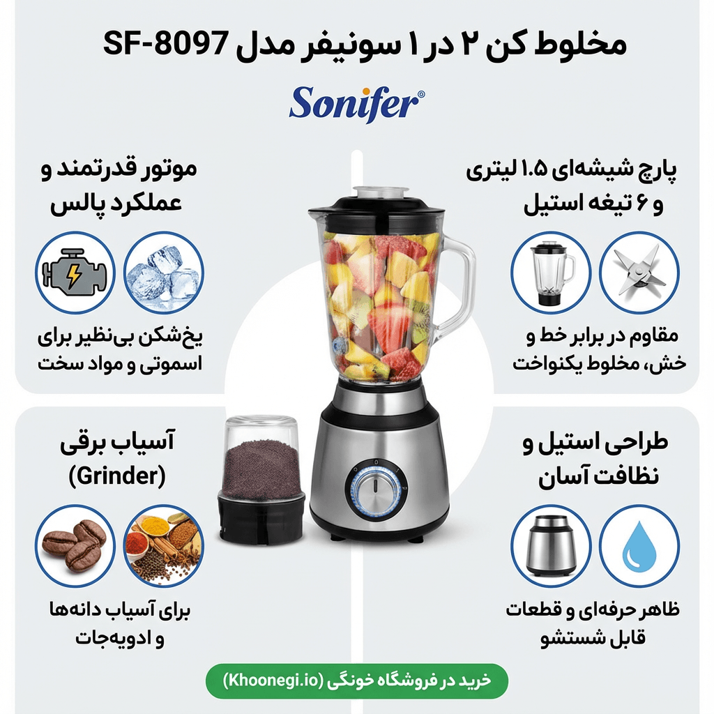 تصویر مخلوط کن سونیفر SF-8097 با پارچ شیشهای ۱.۵ لیتری.